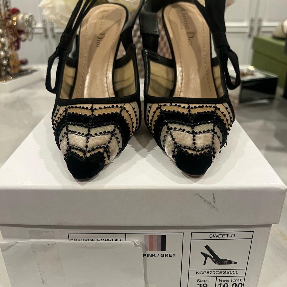 Dior Black and Cream Striped Heels - Picture 6 of 7